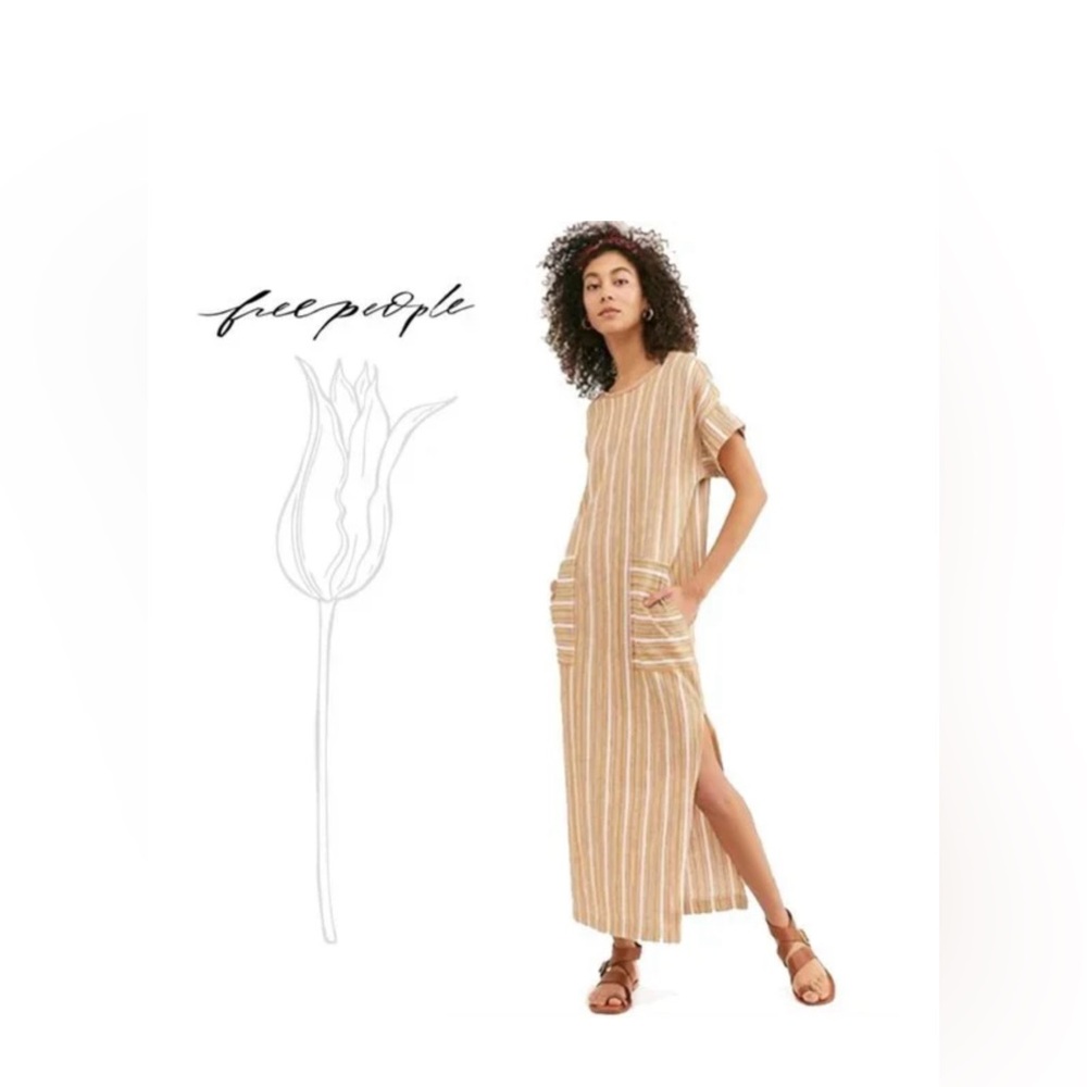 Medium Free People Beach Maxi Dress with stripes, side slits and pockets.